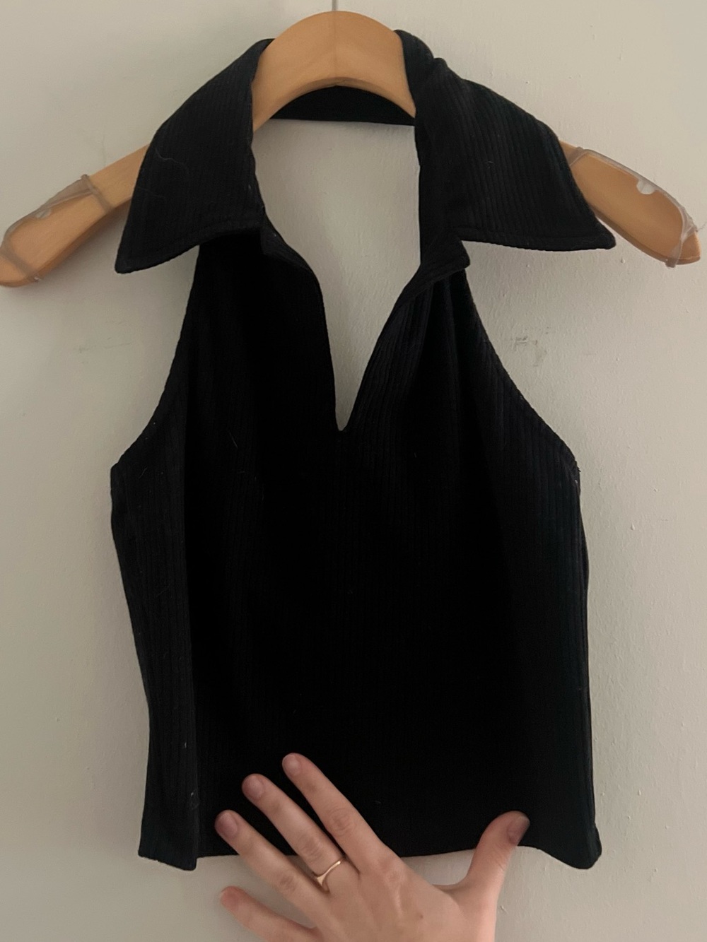 Paige DeSorbo Black Ribbed Halter Collared Crop Top